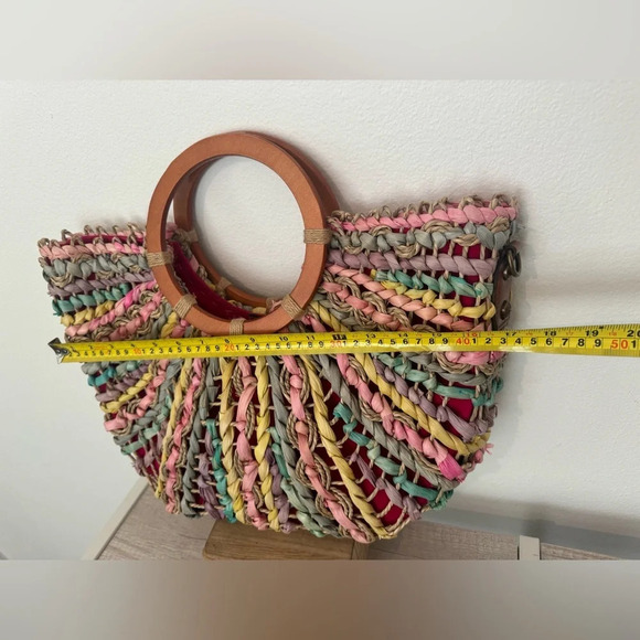 PATRICIA NASH Lesa Multicolor Pastel Straw Bag Wood Ring Handle Boho NO STRAP - Picture 10 of 11